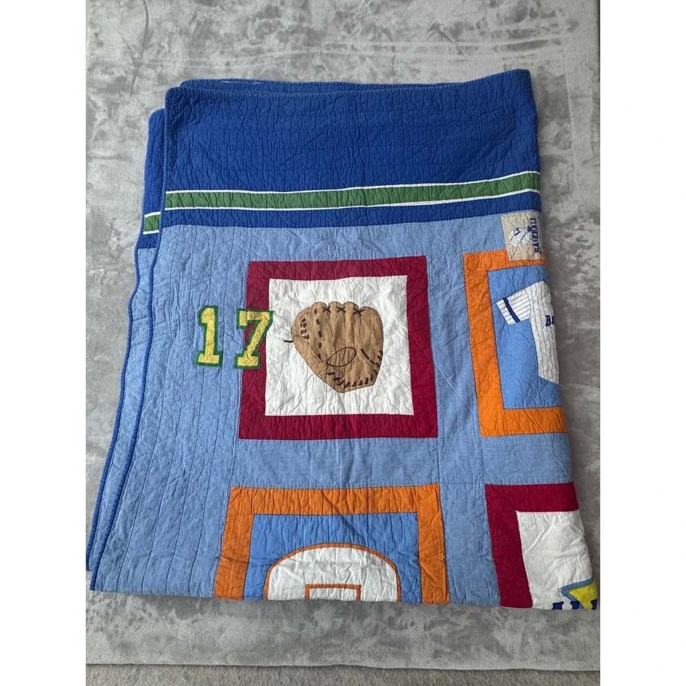 Vintage Sports Patchwork Quilt Blanket All Star Baseball Basketball Soccer Blue